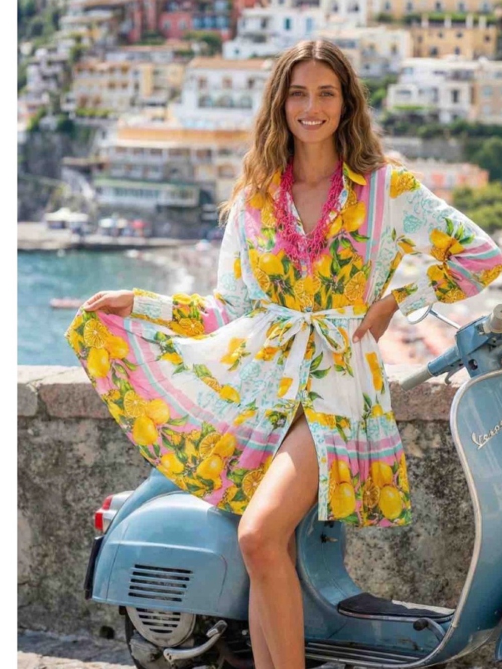 Antica Sartoria 2026 Lemon Print Tie-Waist lemon dress with Pink Trim NWT O/S